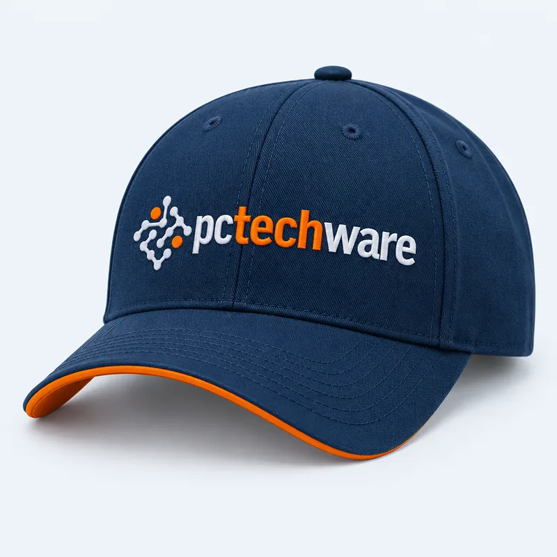 Navy PC Techware cap with orange brim trim