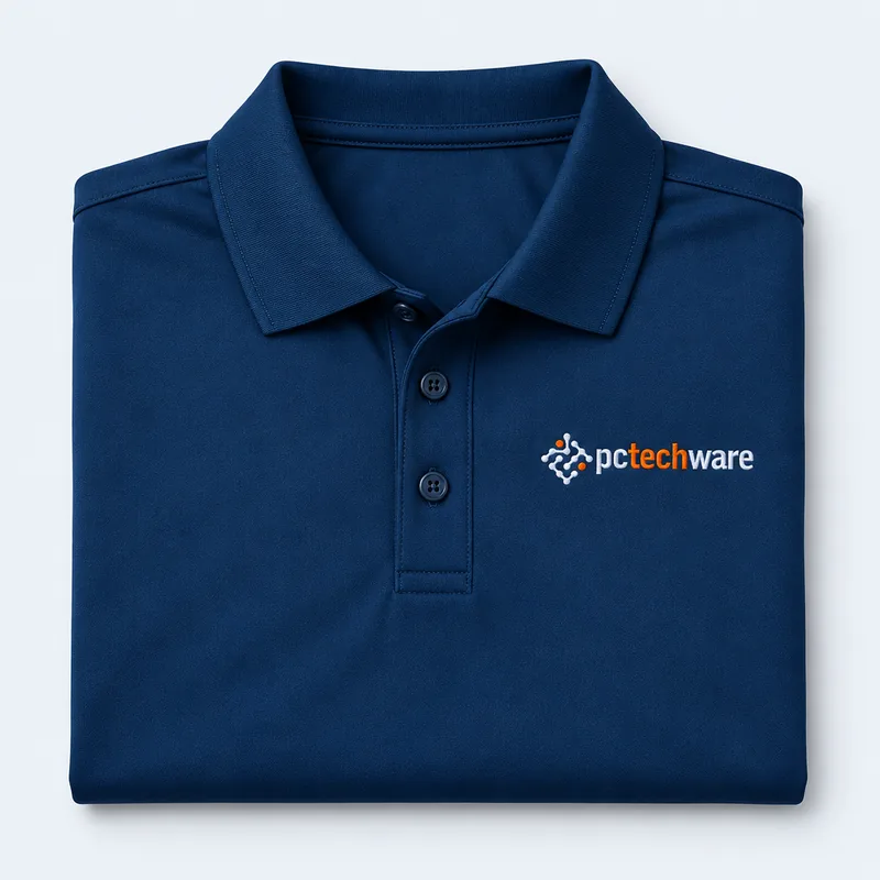 Navy PC Techware golf polo with embroidered logo
