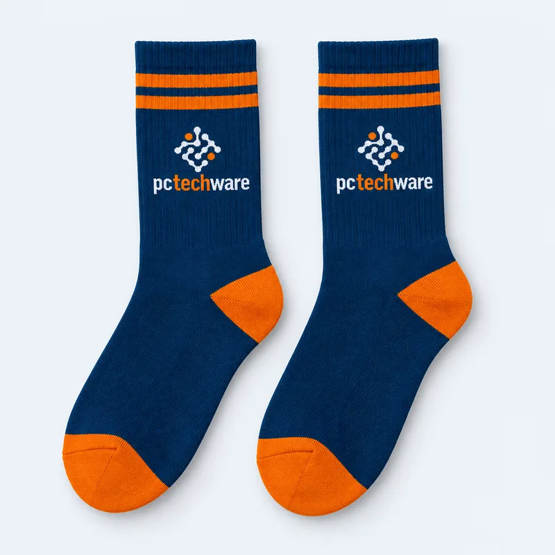 Navy and orange PC Techware crew socks